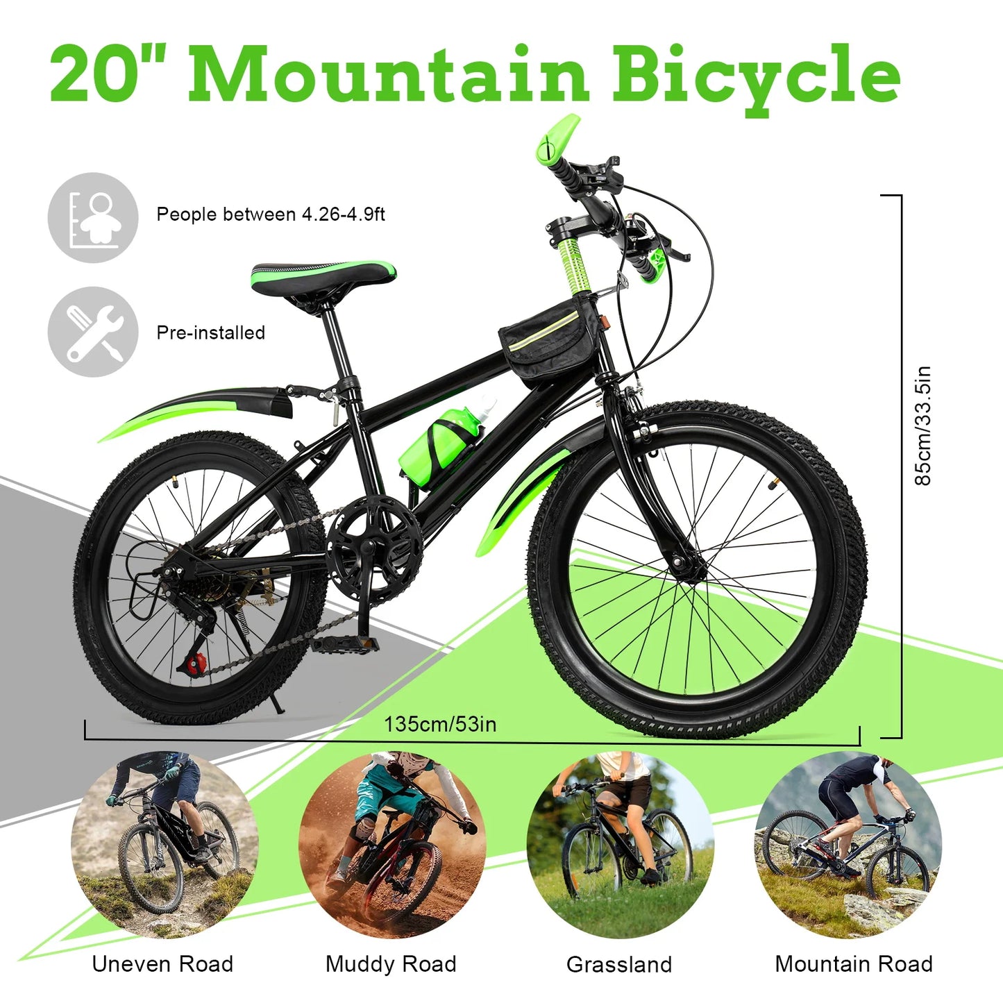 20 In Mountain Bike 7 Speeds Adjustable Height Kids Bicycle for Boys, Girls MTB Children's Bicycle with Double Disc Brake