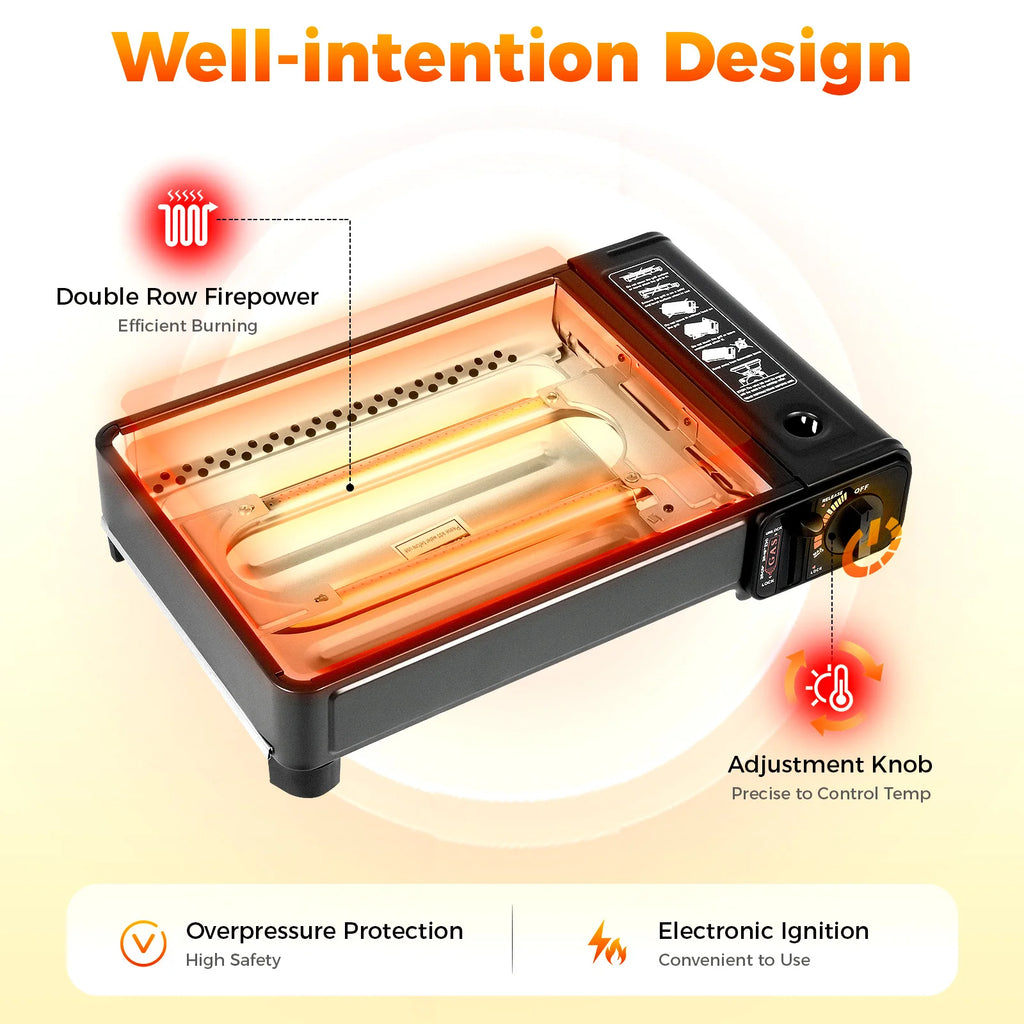 Portable Butane Gas Grill Stove Dual Inlets Adjustable Firepower with Carrying Case Grill Net for Camping Outdoor Use