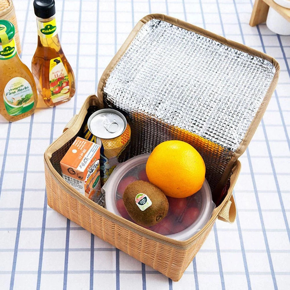 Thermal Cooler Outdoor Wicker Rattan Picnic Bag Wear Ressiatant Lunch Box Camping Baskets with Strap Zipper 22x14x12cm