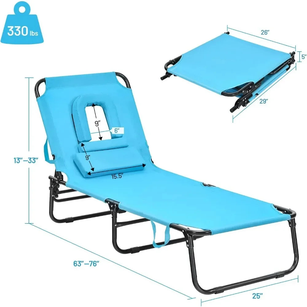 Outdoor Chaise Lounge Chair - Folding Beach Chair with 5 Adjustable Positions, Hole, Detachable Pillow, Hand Ropes