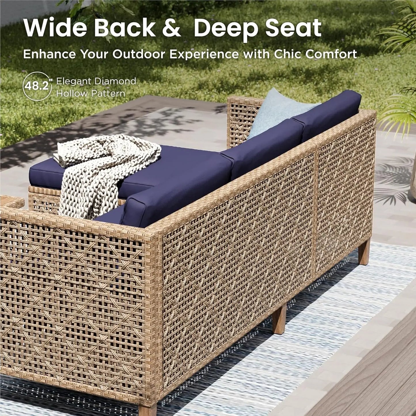 Sectional Outdoor Couch, Small Patio Furniture Set With Cushions And Acacia Wood Coffee Table, L-Shaped Wicker, Customized