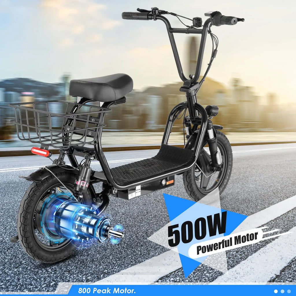 500W Electric Scooter with Seat, 14" Fat Tire, 500Wh Battery,25 Miles&20MPH, Foldable, with Basket & Shock Absorbing