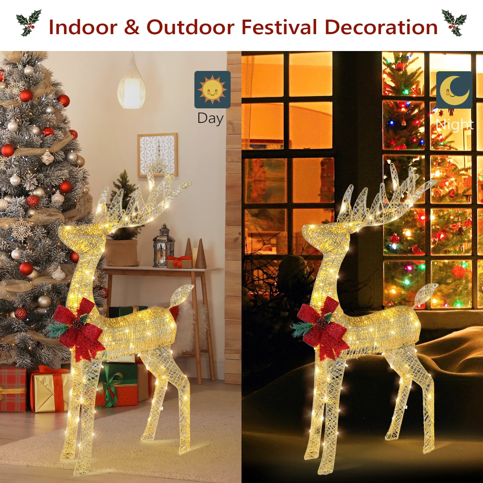 Lighted Christmas Reindeer Outdoor Decorations, Weather Proof 4ft Santa's Sleigh Reindeer Christmas Ornament Indoor Home Decor