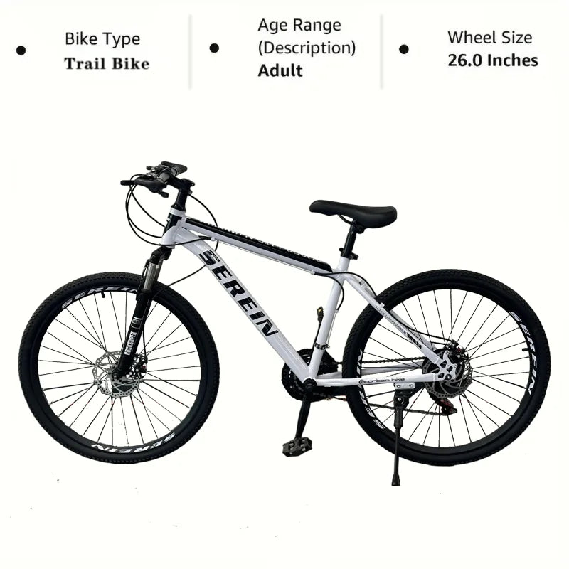 26" Bike, Speed-variable,Adjustable Seat,Chain Drive,Rigid Frame,Oil Spring Fork,Front And Rear Mechanical Disc Brakes.