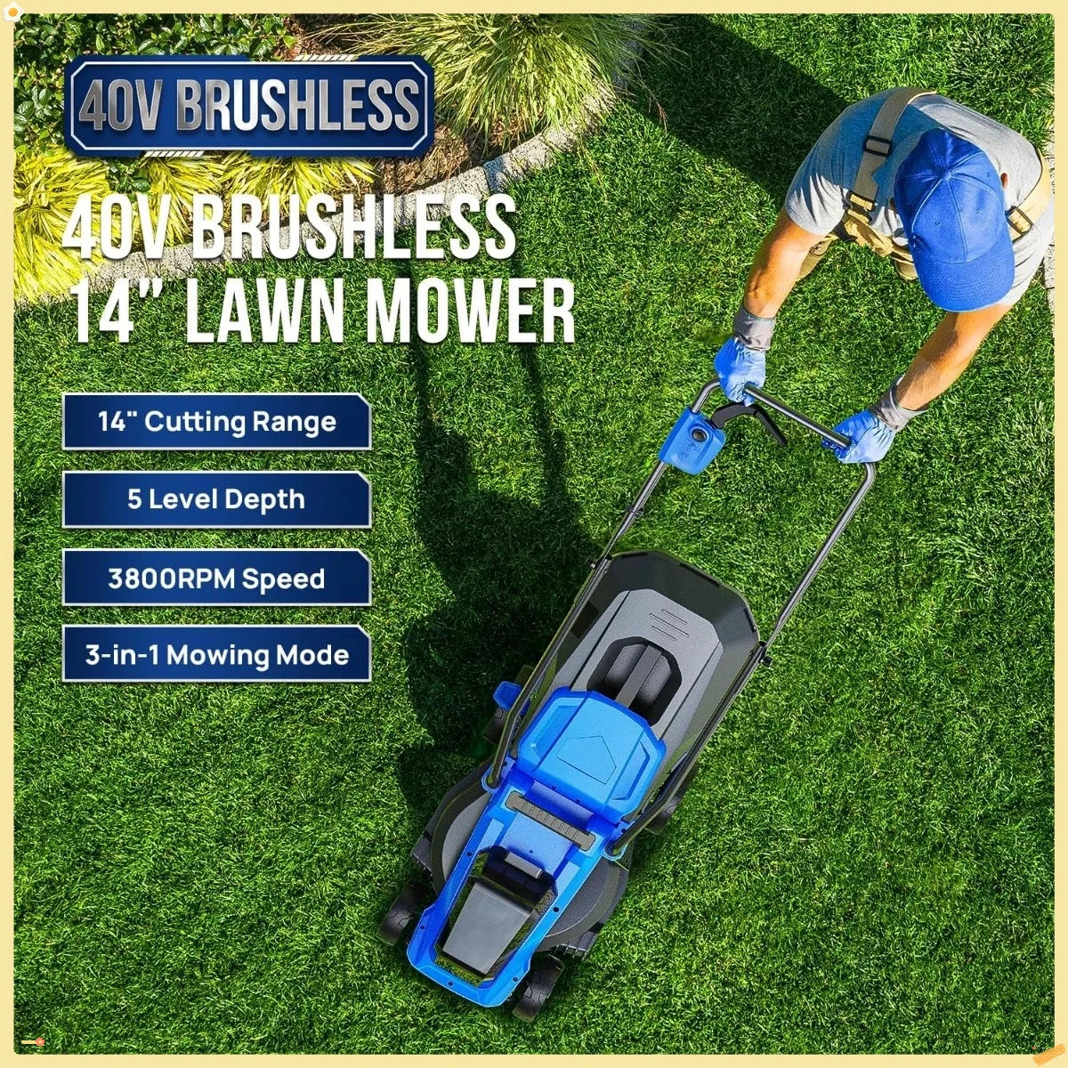 Electric Lawn Mower 40V Brushless 14" Cordless&Push, 5 Cutting Height Adjustment, 4Ah Battery and Super Charger, Blue