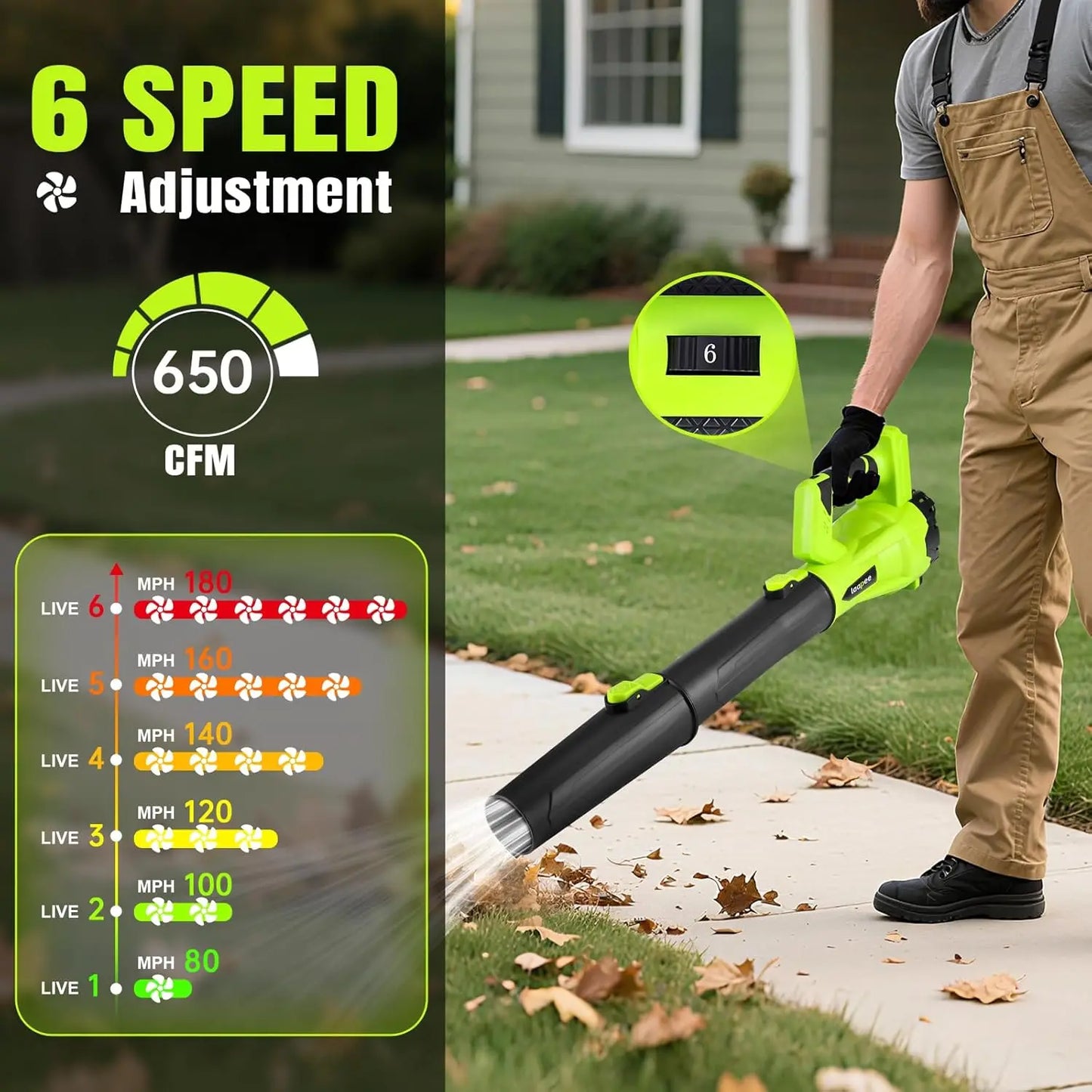 Cordless Electric Leaf Blower with 2 Batteries and Fast Charger, Lightweight for Lawn Care, Dust, Snow, 6 Speed Control