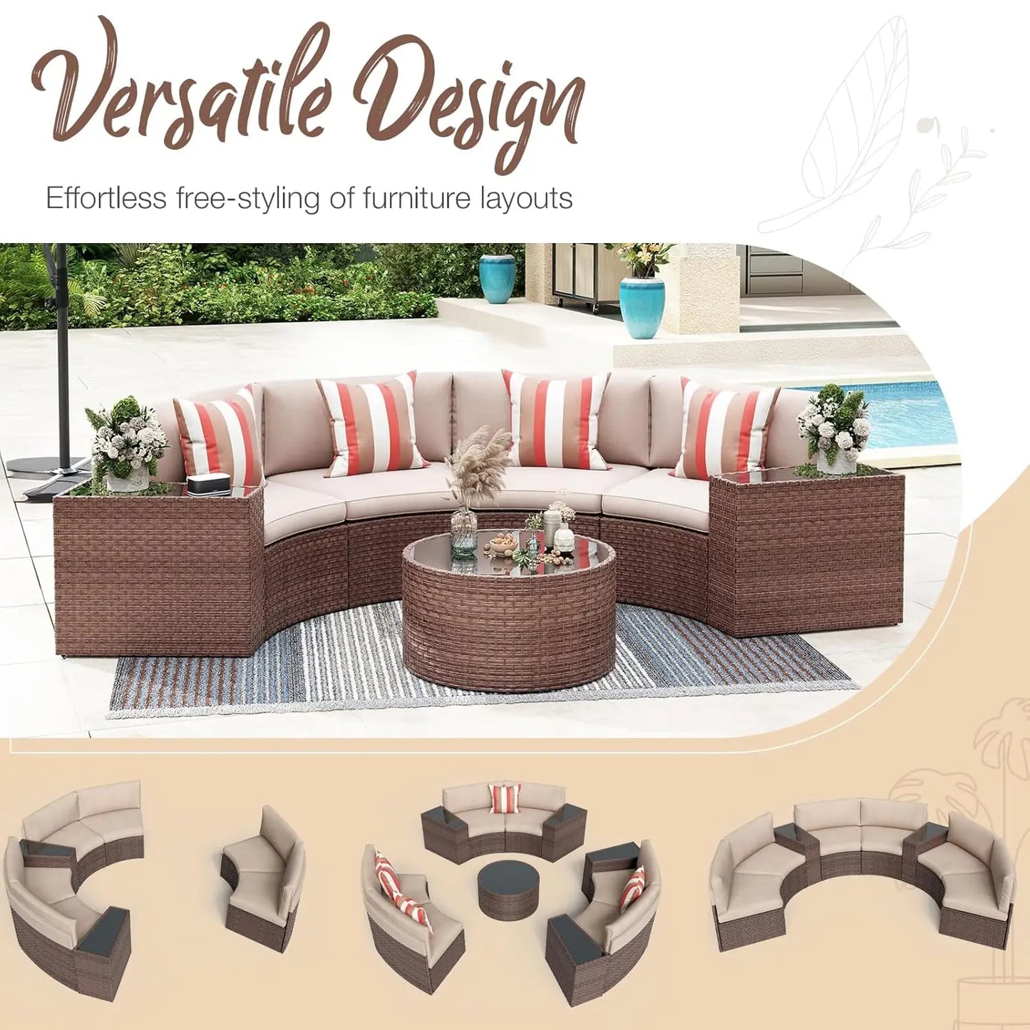 Outdoor Patio 8-Piece Half Moon Curved Furniture Sofa Set Brown Wicker Sectional Sofa Beige Cushions With 2 Side, Customized