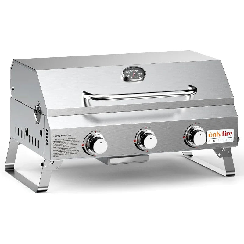 Gas Grill 3 Burners, Stainless Steel Portable Propane Grill with Foldable Legs for Outdoor Patio Backyard Camping, Tailgating