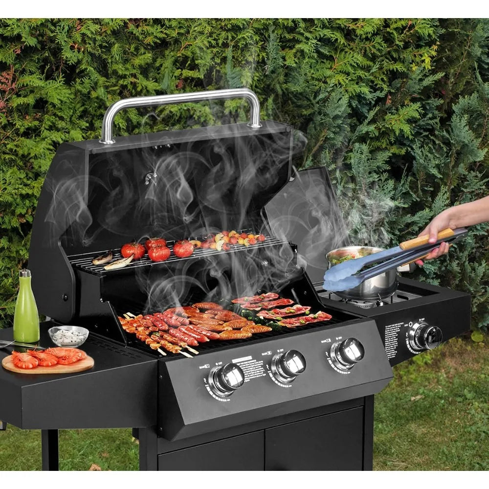 3-Burner Propane Gas BBQ Grill with Side Burner & Enameled Cast Iron Grates, 46,000 BTU Barbecue Grill with Wheels for Outdoor