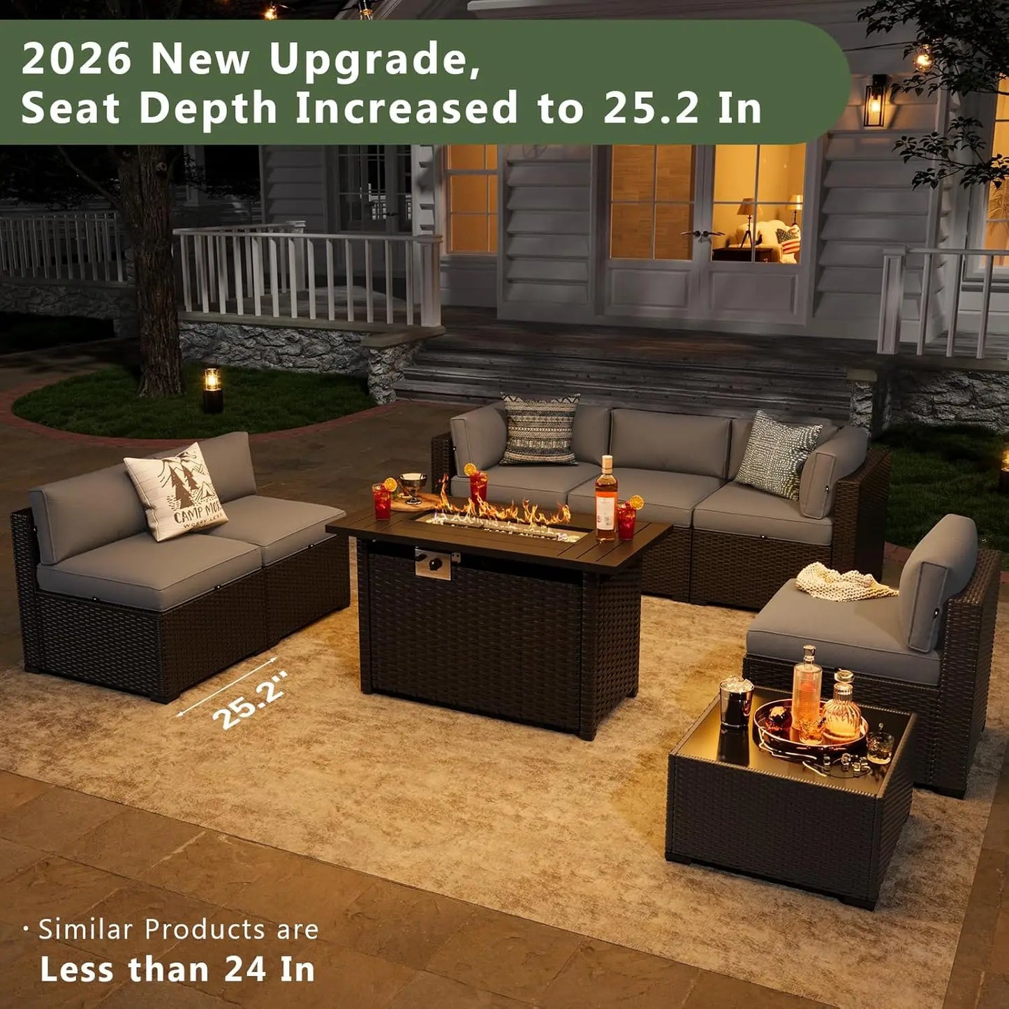 8 Piece Patio Furniture Set With 44” Fire Pit Table Wicker Rattan Patio Sectional Sofa Set Outdoor Seating, Customized