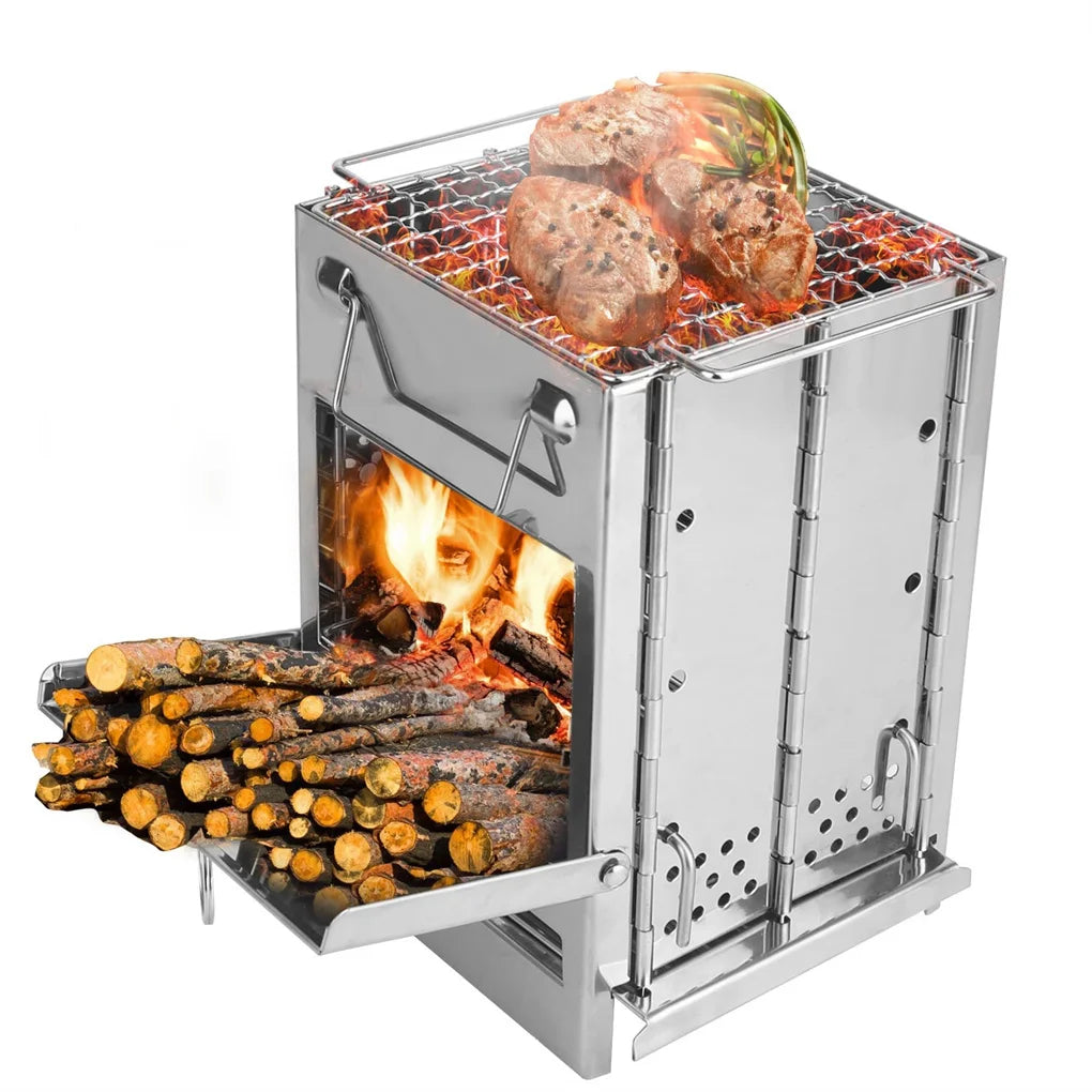Foldable Camping Wood Burning Stove with Grill, Camp Stove Collapsible Backpacking Survival Stove Stainless Steel Campfire Stove