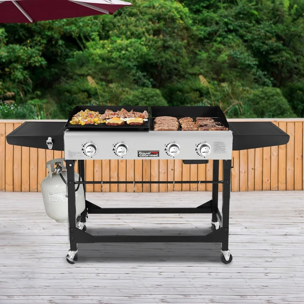 4-Burner Propane Gas Grill and Griddle Combo with Cover, Griddle Grill Combo with 48,000 BTUs Output for Outdoor Cooking