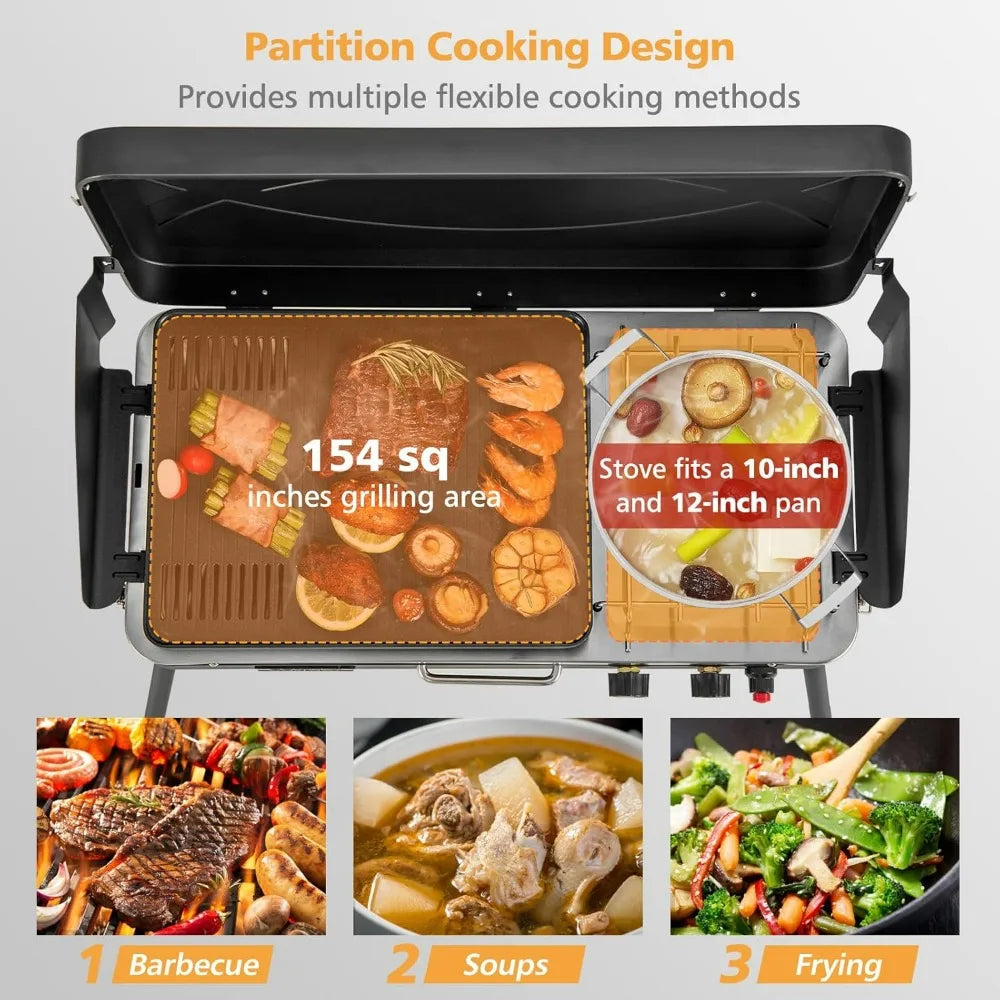Portable Propane Grill & Camping Stove, 20,000 BTU Gas Camping Grill Burner, Independent Temperature Control, 3-Sided Wi