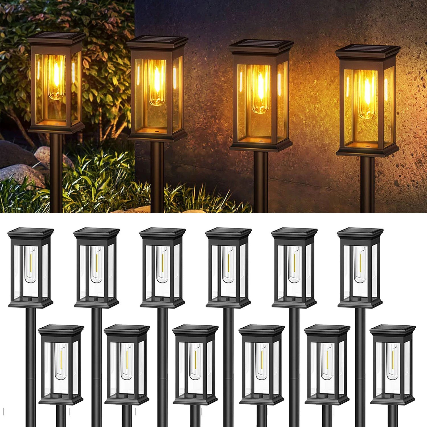 6/12 Pack Solar Lights, 2700K Warm White, Super Bright 12Hrs, for Yard/Garden Walkway