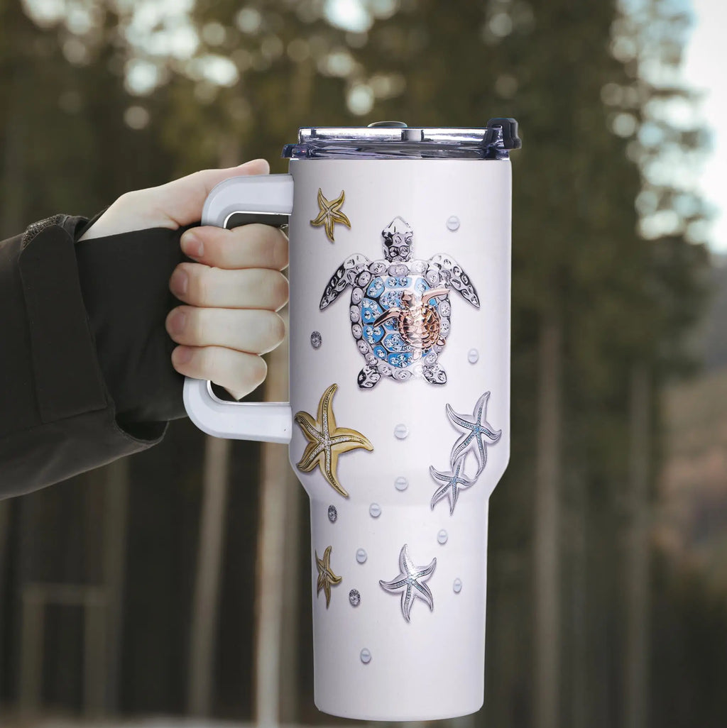 40oz Sea Turtle Stainless Steel Tumbler – Vacuum Insulated Travel Mug with 3D Ocean Print, Lid, Handle, Gift for Women