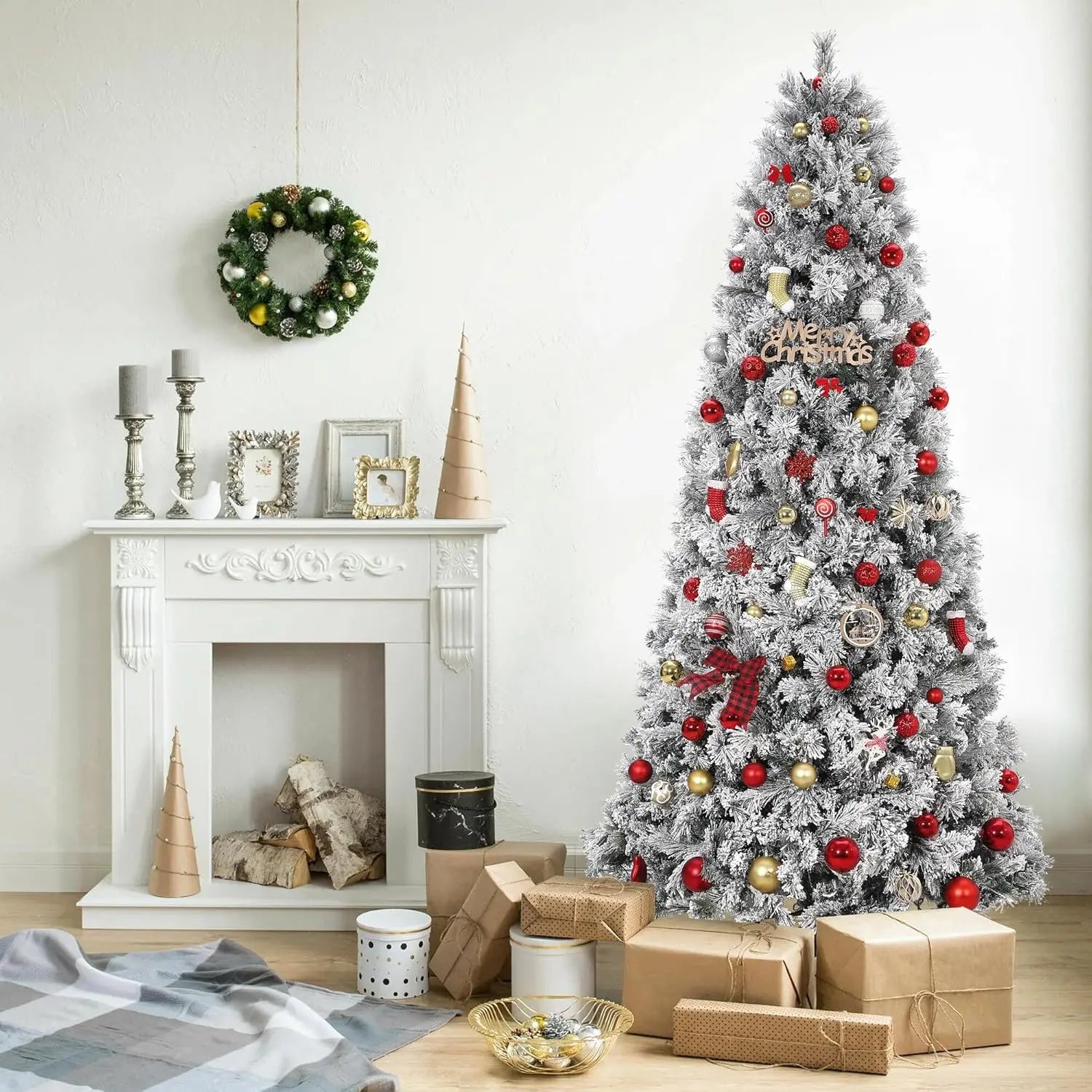 6/7.5 FT Christmas Tree with 200/300 Multicolor Led Lights, Prelit Snow Flocked Christmas Tree with Foldable Metal Base, 8 Light