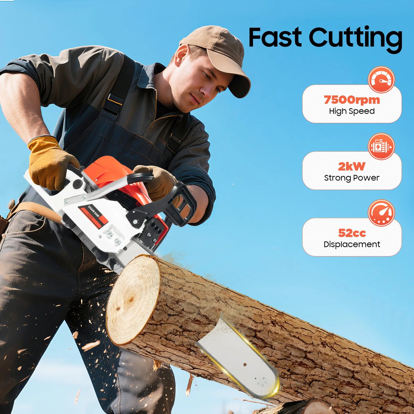 52CC 20 Inches Petrol Chainsaw 2-Stroke Engine Air-Cooled Chainsaw 7500 rpm Single Cylinder Gasoline Chainsaw