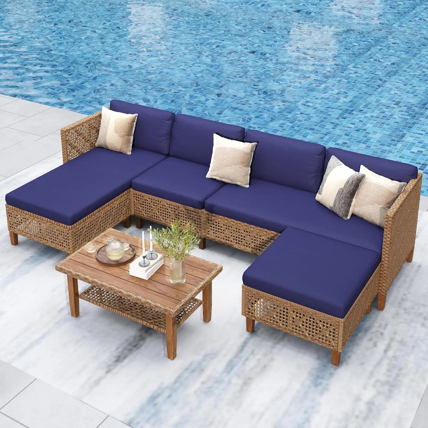 Sectional Outdoor Couch, Small Patio Furniture Set With Cushions And Acacia Wood Coffee Table, L-Shaped Wicker, Customized