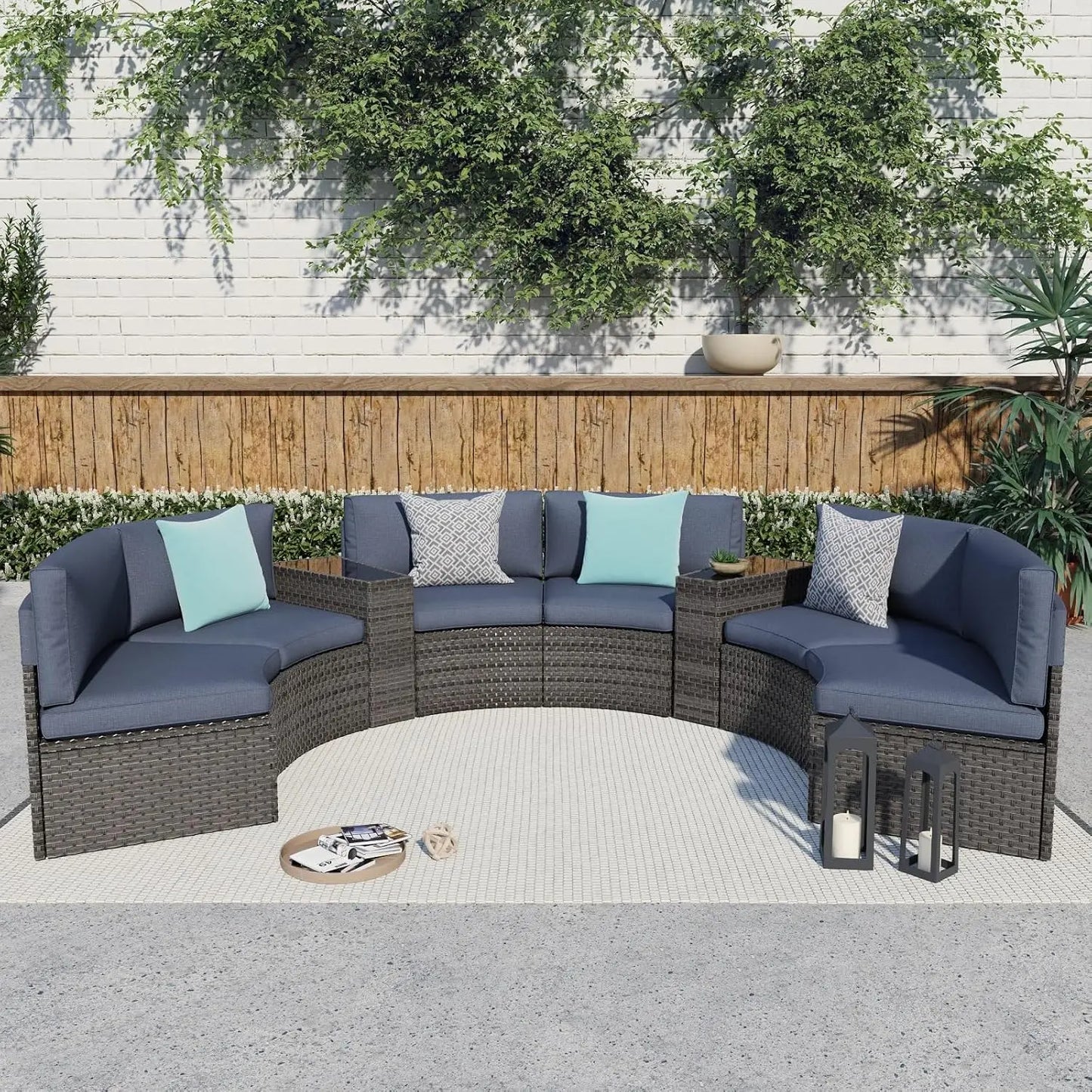 Outdoor Patio 8-Piece Half Moon Curved Furniture Sofa Set Brown Wicker Sectional Sofa Beige Cushions With 2 Side, Customized