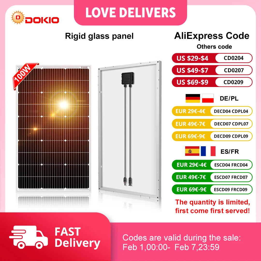 DOKIO 18V 100W Rigid Solar Panel China 18V Monocrystalline Silicon Waterproof Solar Panel Charging 12V #DSP-100M Camping/Home/RV