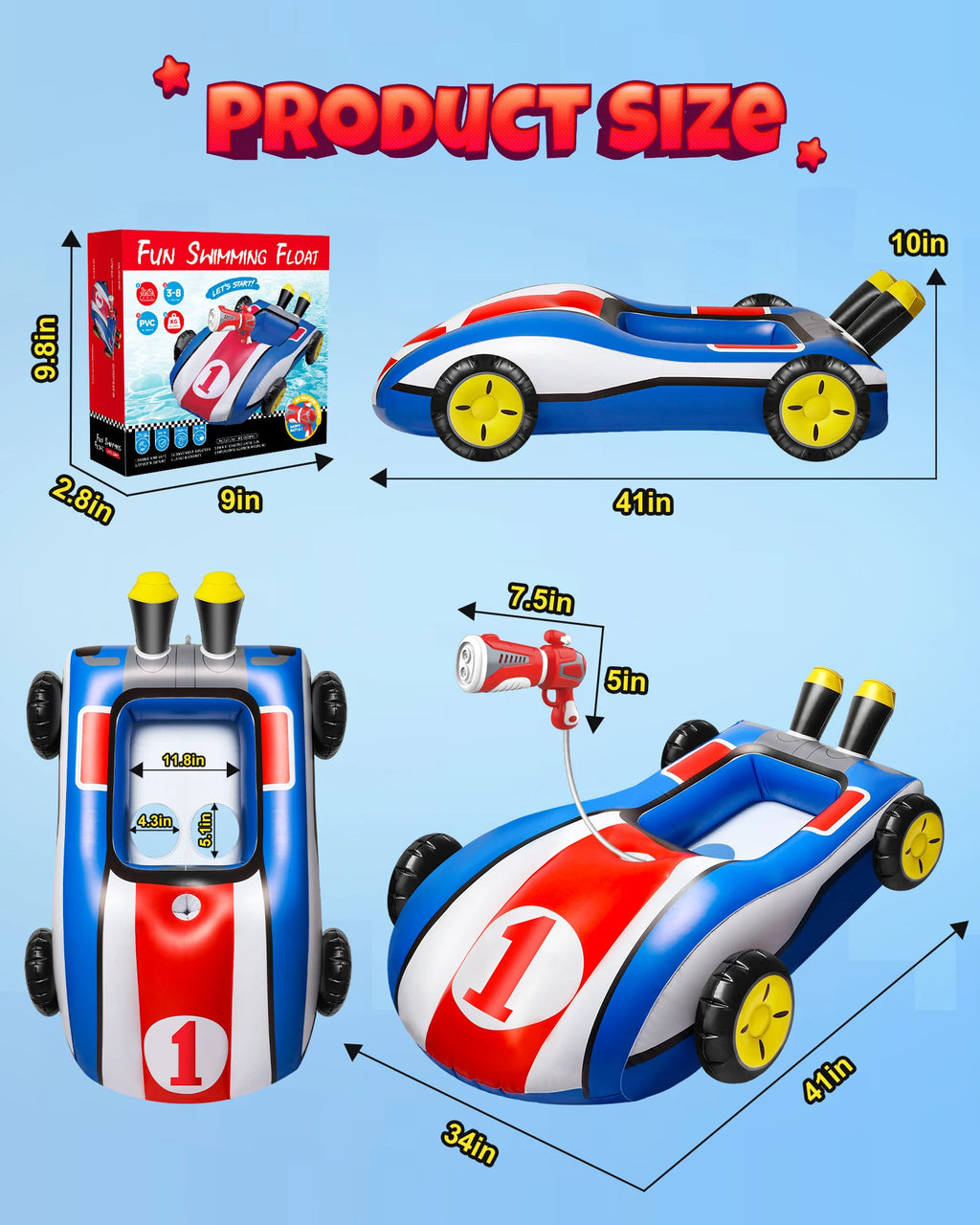 Inflatable Pool Float with Water Gun,Ride-On Swimming Toy for 4 5 6 7 8 9 Years Old Boys Girls,Summer Outdoor Water Pool Games