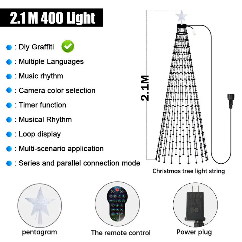 Smart Christmas Tree Lights with Five-Pointed Star 400 LEDs Bluetooth APP Control RGB DIY Text Music Sync Christmas Decorative