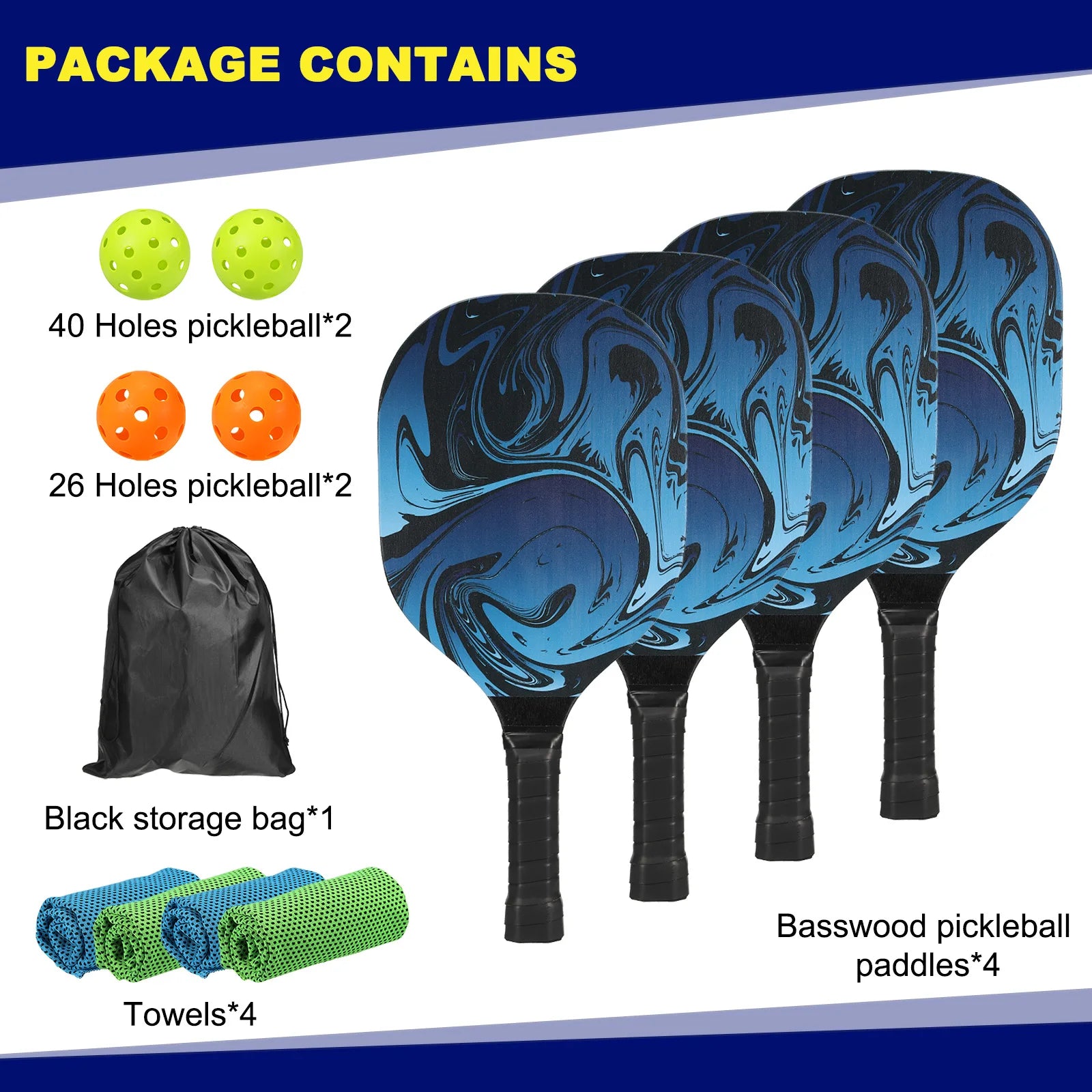 Pickleball Paddles Set with 4 Premium Wood Pickleball Rackets with Cushion Grip 4 Pickleball Ball 4 Cooling Towels and Carry Bag