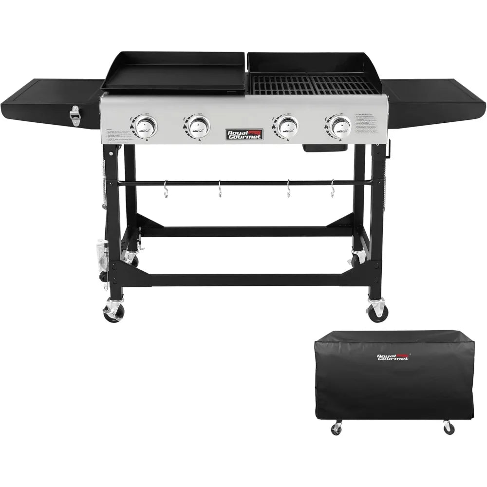 4-Burner Propane Gas Grill and Griddle Combo with Cover, Griddle Grill Combo with 48,000 BTUs Output for Outdoor Cooking