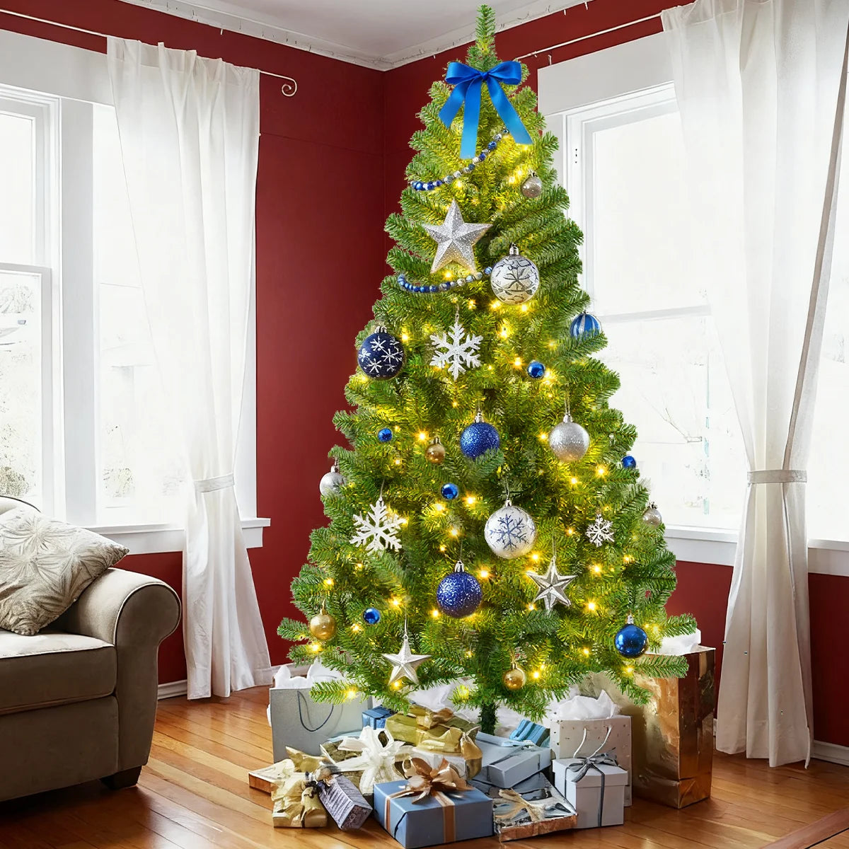 180cm/190cm Prelit Snow Flocked Artificial Christmas Tree Pop Up Christmas Decoration 100/200 Lights Party Home Decor Xmas Decor