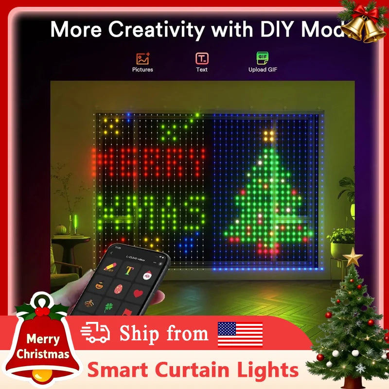 2PCS Smart Curtain Lights RGB Curtain String Lights with App Remote Music Sync Dynamic DIY for Indoor Outdoor Xmas Wall Decor