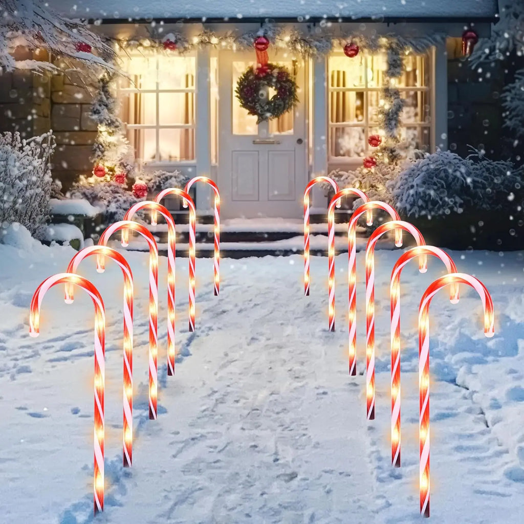 16" Christmas Candy Cane Pathway Markers Lights Set of 12 with Warm White for Xmas Indoor and Outdoor Decorations