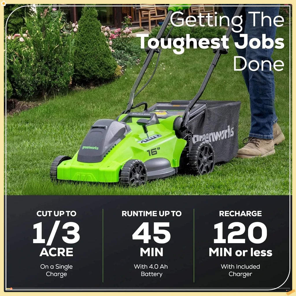 40V 16" Brushless Cordless (Push) Lawn Mower (75+ Compatible Tools), 4.0Ah Battery and Charger Included