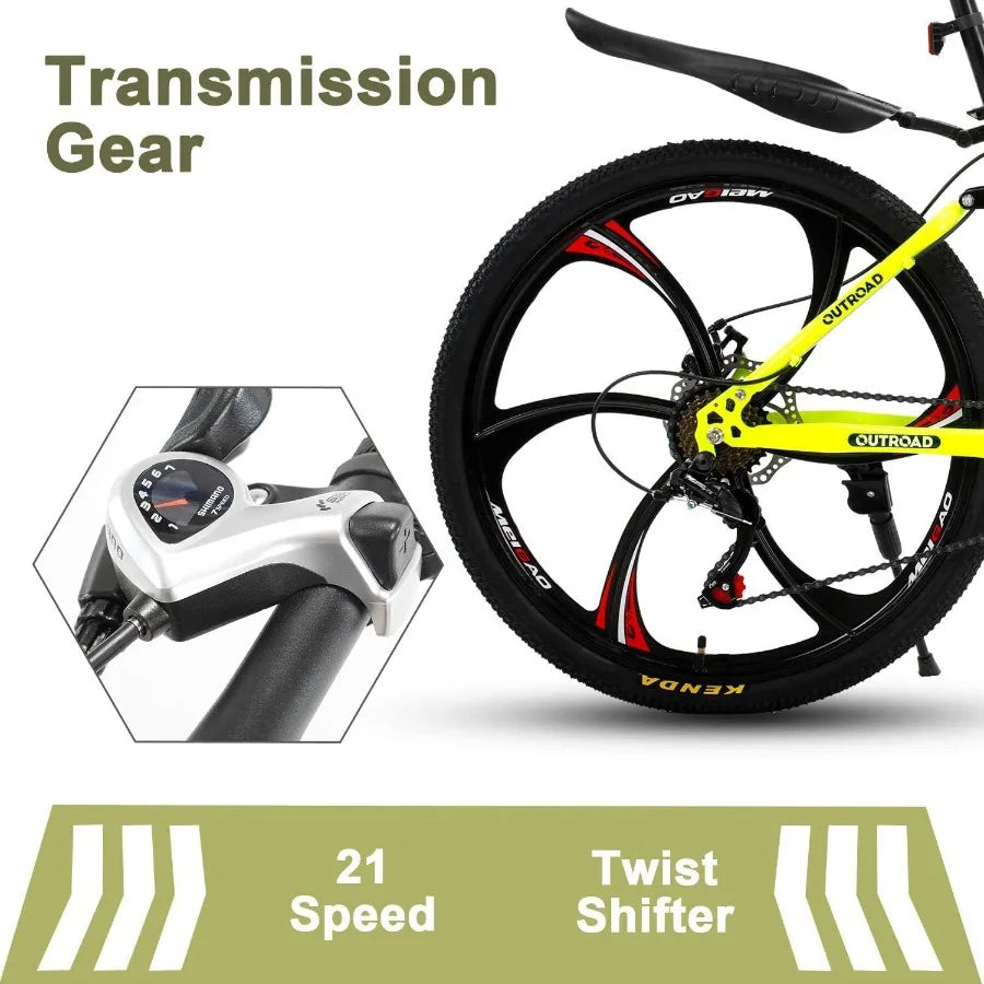 26 ich Folding Mountain Bike 21 Speed High Carbon Steel Mountain Bike for Adults with 26 Inches Durable Tires Front Suspension