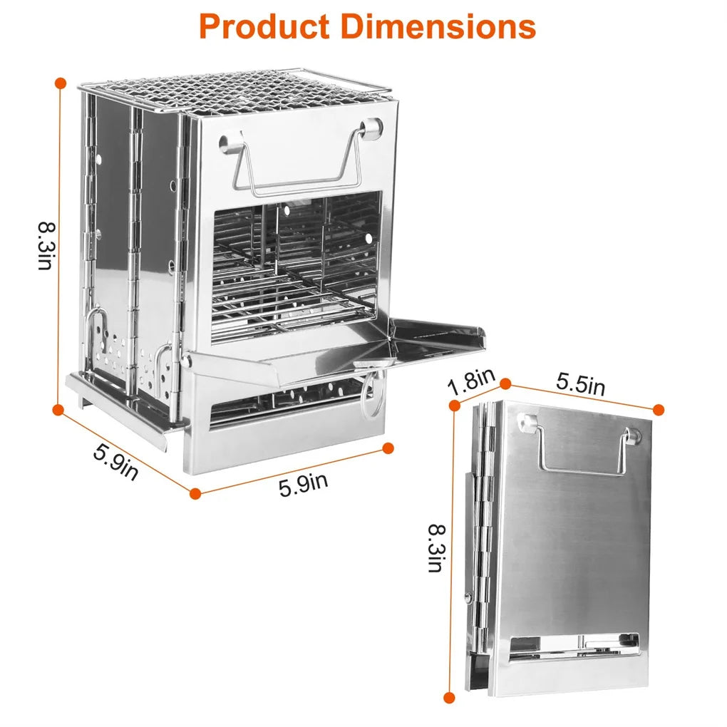 Foldable Camping Wood Burning Stove with Grill, Camp Stove Collapsible Backpacking Survival Stove Stainless Steel Campfire Stove