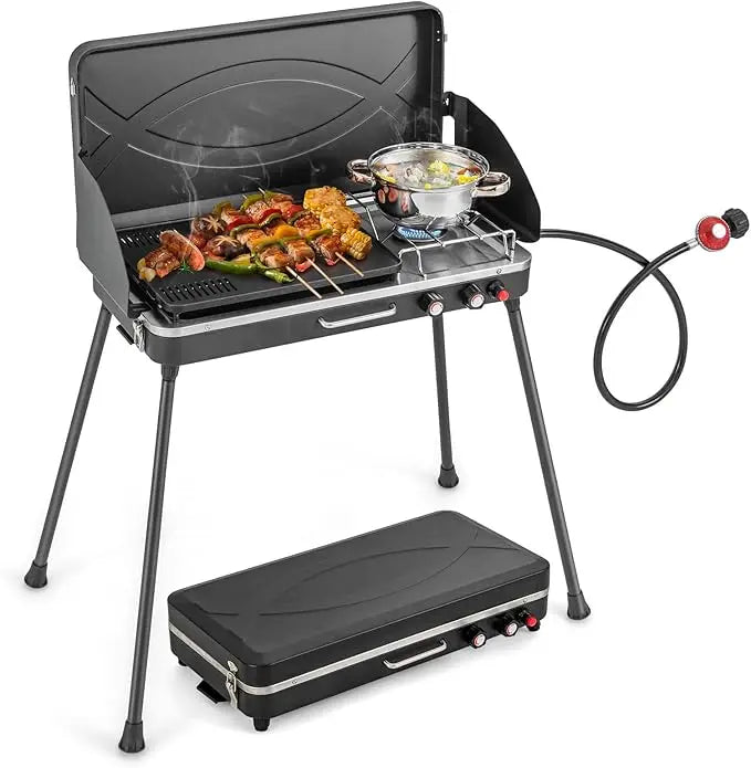 Portable Propane Grill & Camping Stove, 20,000 BTU Gas Camping Grill Burner, Independent Temperature Control, 3-Sided Wi