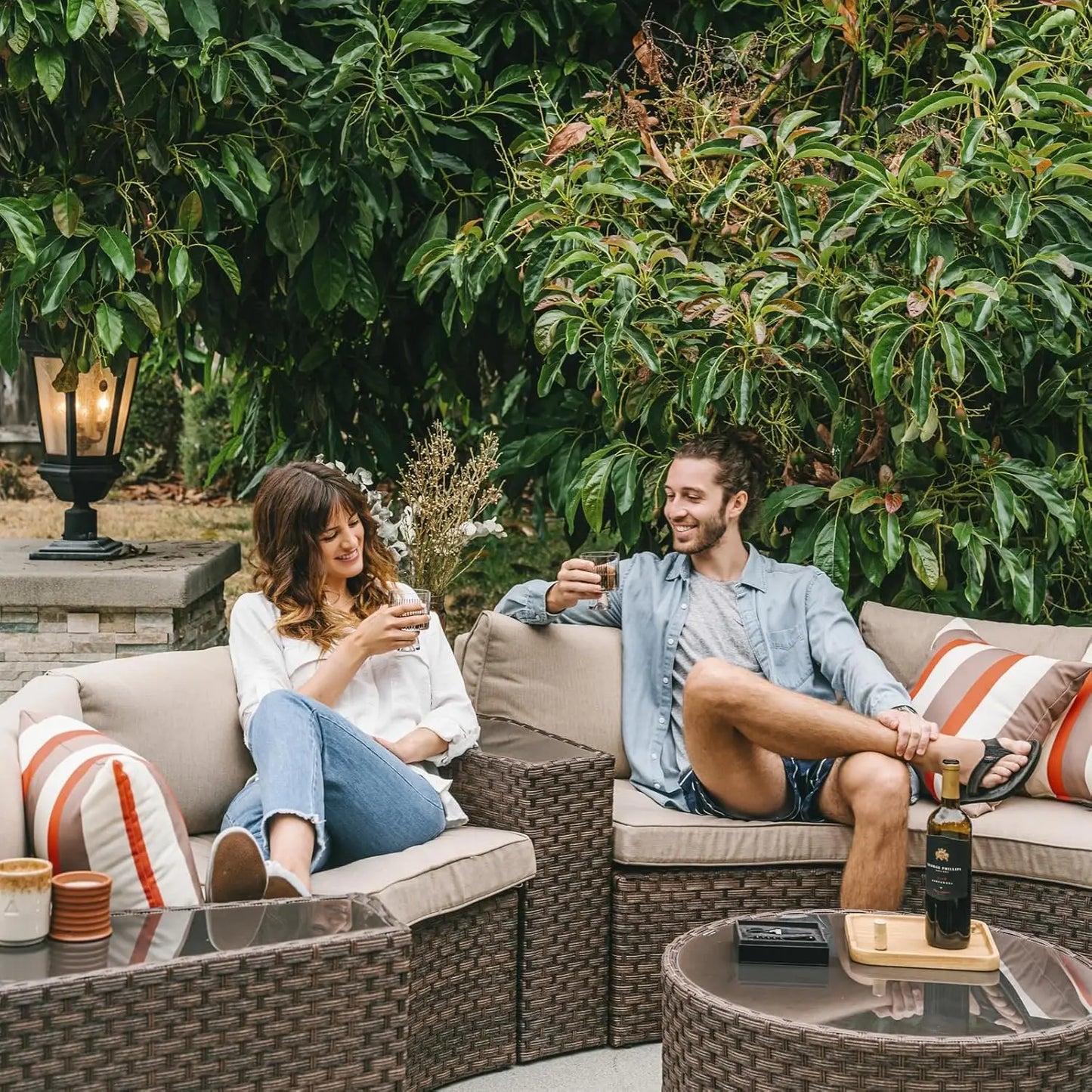 Outdoor Patio 8-Piece Half Moon Curved Furniture Sofa Set Brown Wicker Sectional Sofa Beige Cushions With 2 Side, Customized