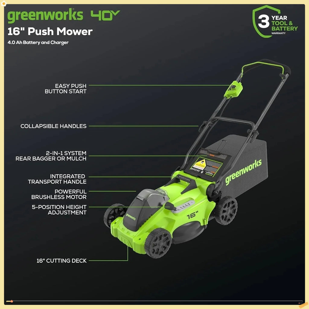 40V 16" Brushless Cordless (Push) Lawn Mower (75+ Compatible Tools), 4.0Ah Battery and Charger Included