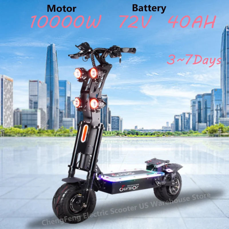Two-wheel scooter 10000W dual motor 72V 40AH battery, 13-inch road tires, hydraulic brakes, foldable adult scooter.
