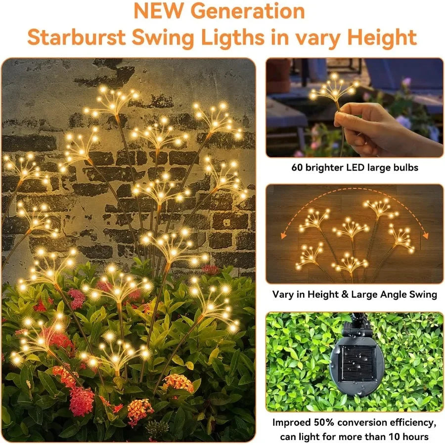 Solar Garden Lights 2 Pack Waterproof Solar Swaying Starburst Light Outdoor Lights for Yard Patio Walkway Pathway Party Wedding