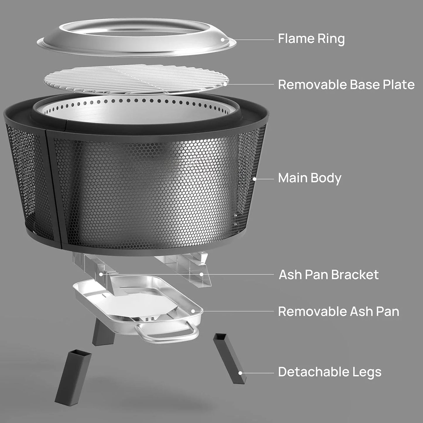 29 Inch Smokeless Fire Pit for Outdoor Wood Burning, Stainless Steel Camping Stove with Stand, Removable Ash Pan