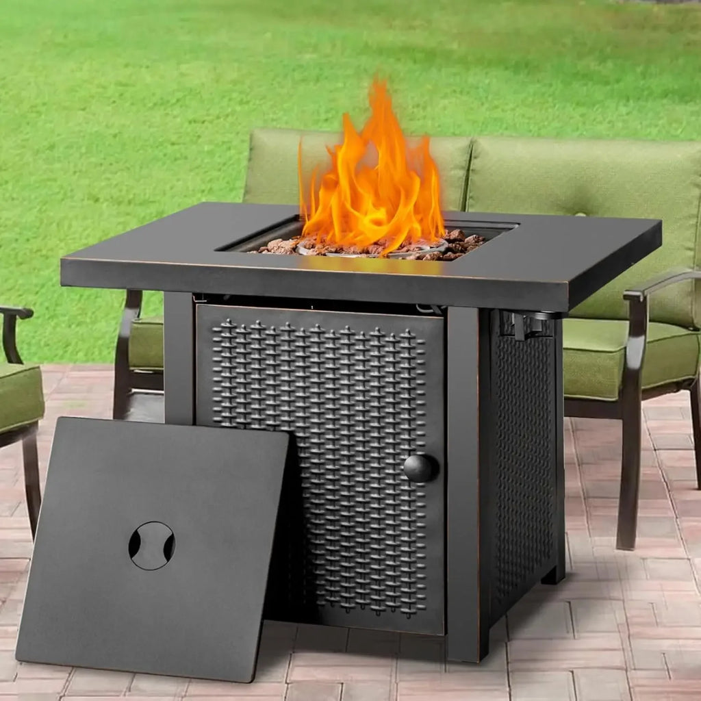 32 Inch Propane Fire Pit Table, Outdoor Gas Fire Pits with 2 Drink Holders, Lid & Lava Rock, 50000 BTU Firepit for Dinning