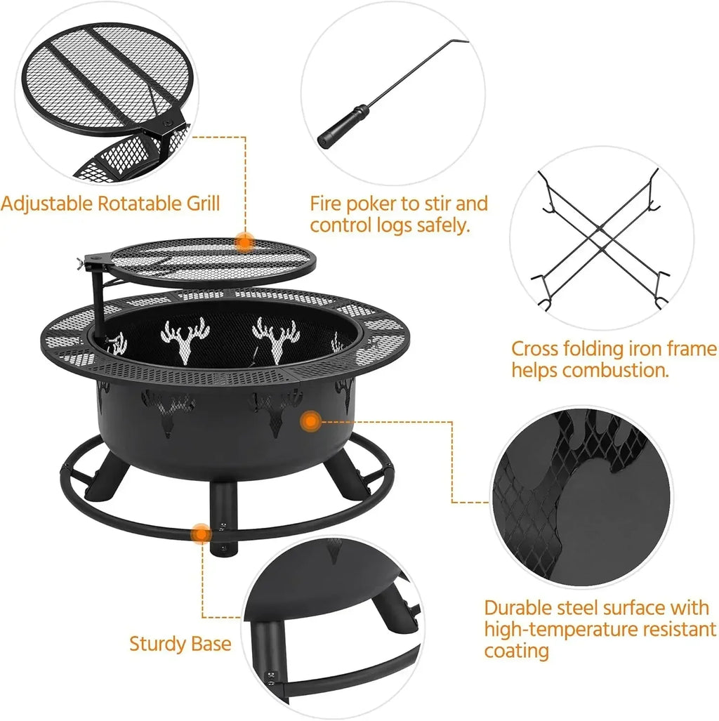 32in Fire Pit Outdoor Wood Burning Firepits Outdoor Fireplace Poker Fire Bowl for Camping, Backyard, BBQ, Garden, Bonfire