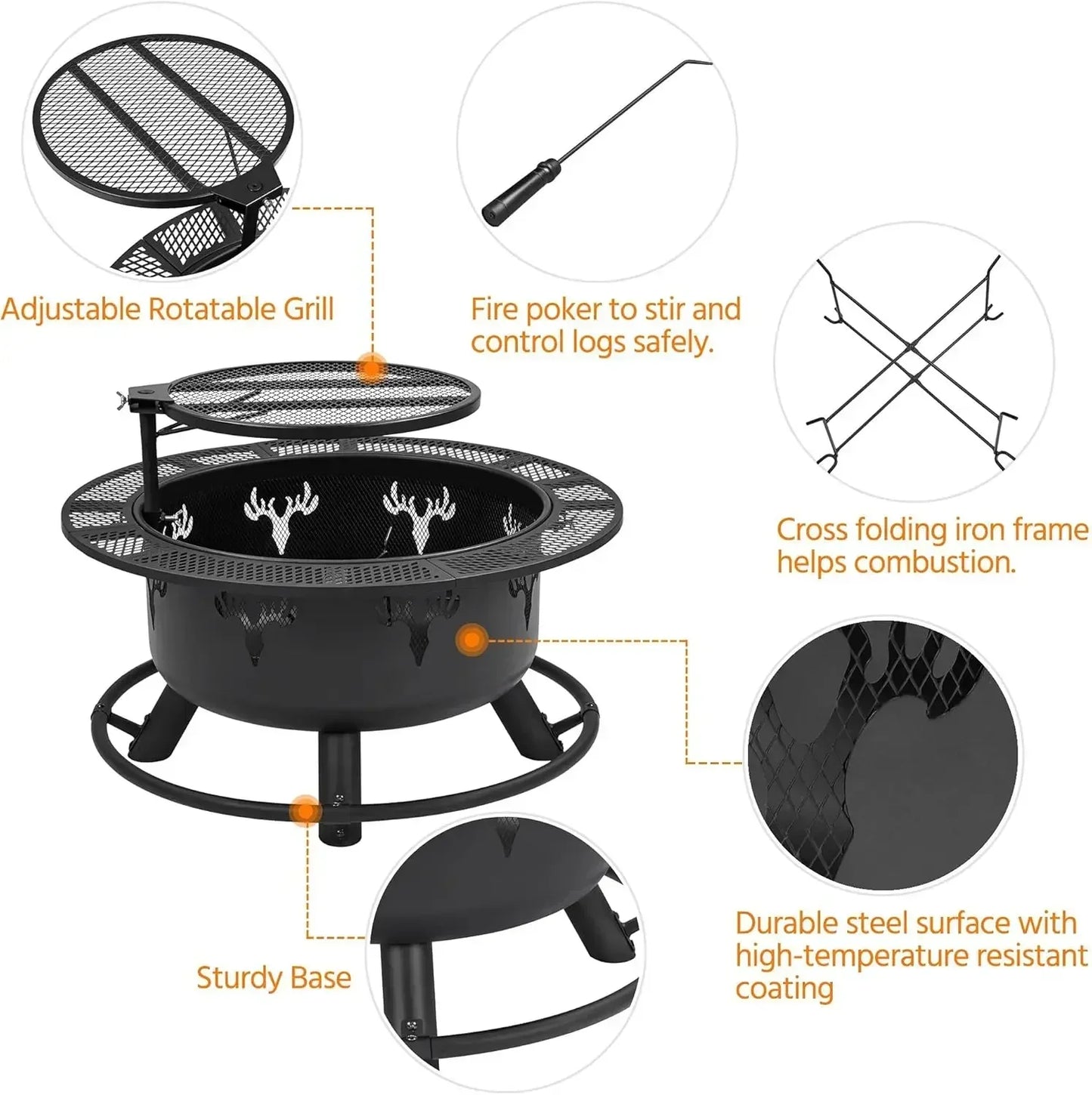 32in Fire Pit Outdoor Wood Burning Firepits Outdoor Fireplace Poker Fire Bowl for Camping, Backyard, BBQ, Garden, Bonfire