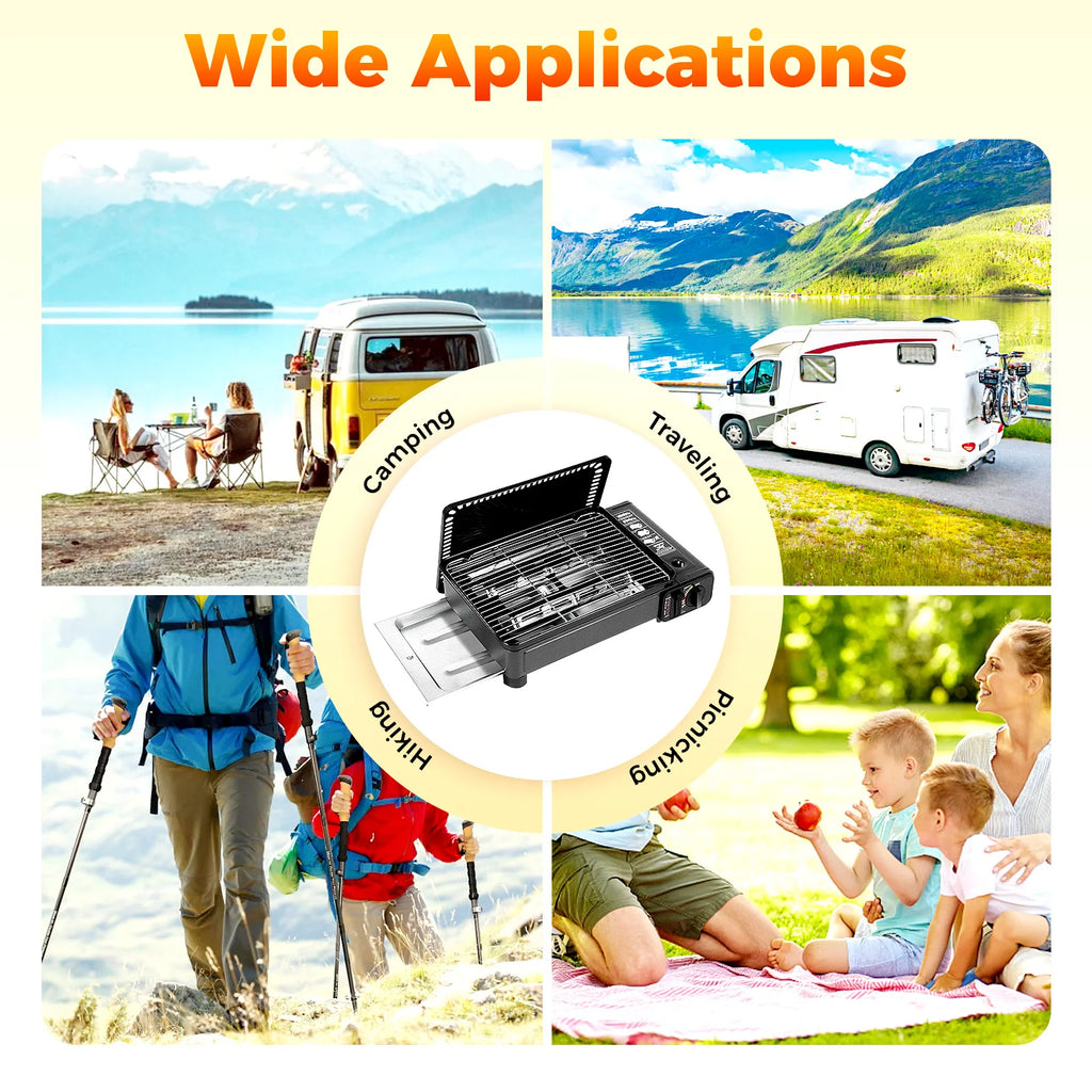 Portable Butane Gas Grill Stove Dual Inlets Adjustable Firepower with Carrying Case Grill Net for Camping Outdoor Use