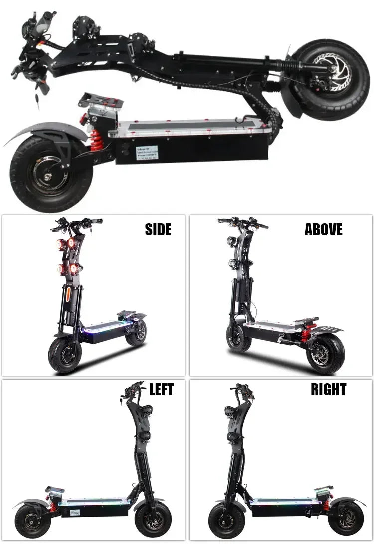 Two-wheel scooter 10000W dual motor 72V 40AH battery, 13-inch road tires, hydraulic brakes, foldable adult scooter.