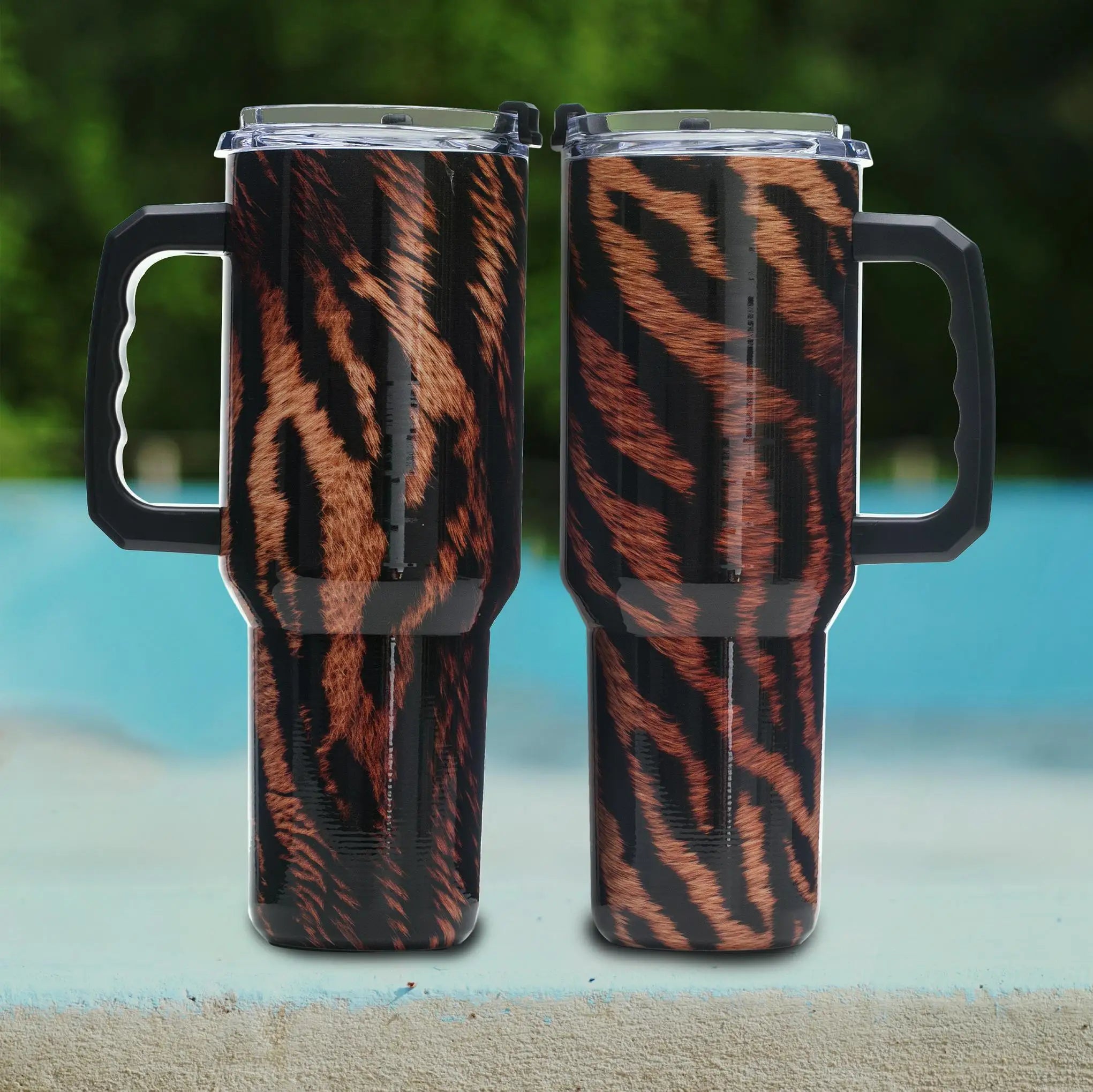 40oz Tiger Print Tumbler – Vacuum Insulated Stainless Steel Travel Mug with Leakproof Lid, Handle, Wide Mouth, BPA-Free