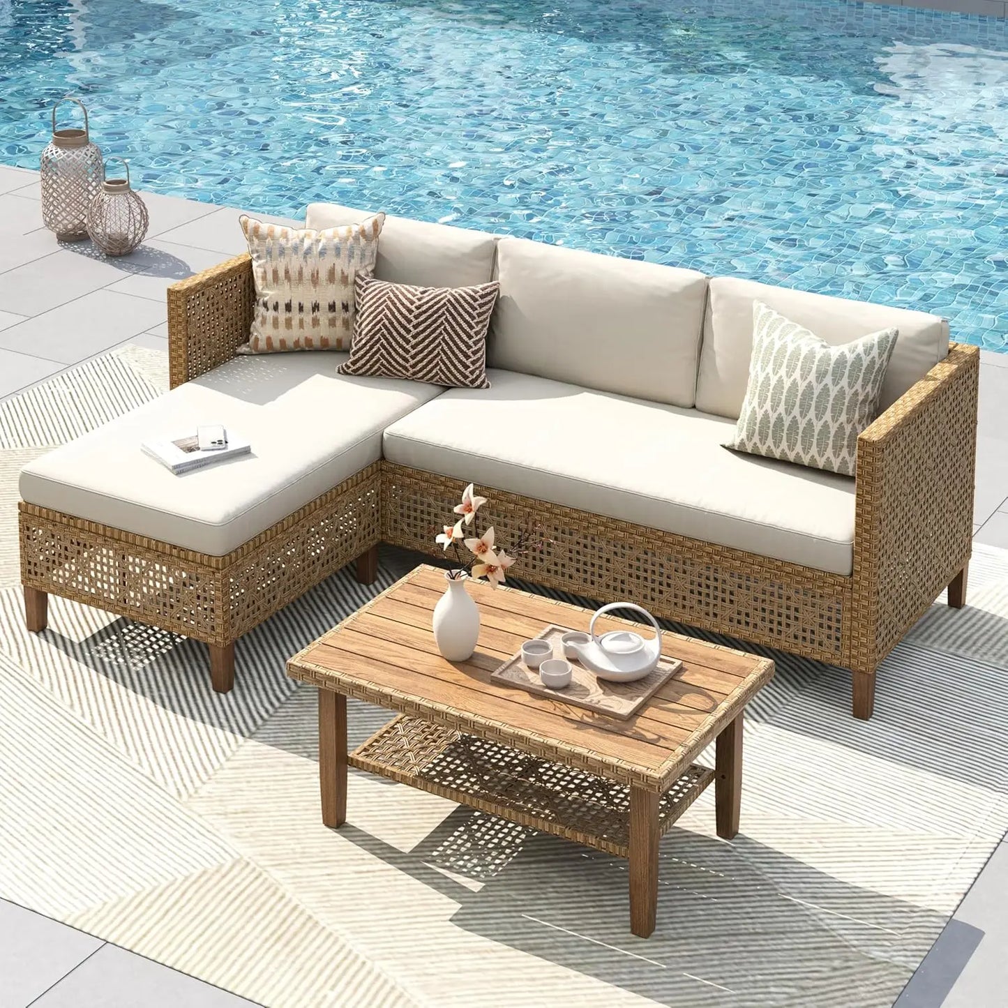 Sectional Outdoor Couch, Small Patio Furniture Set With Cushions And Acacia Wood Coffee Table, L-Shaped Wicker, Customized