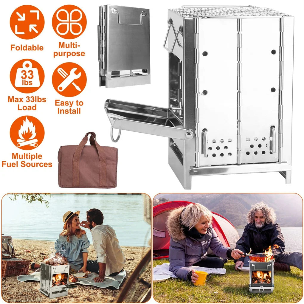 Foldable Camping Wood Burning Stove with Grill, Camp Stove Collapsible Backpacking Survival Stove Stainless Steel Campfire Stove