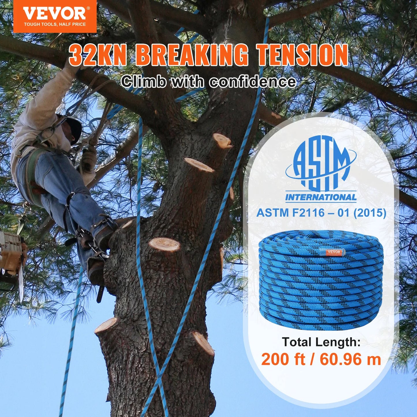 12.7mm Static Climbing Rope 125/150/200ft Outdoor Rock Climbing Rope 30KN Breaking Tension Fiber Rope w/ Steel Snap Hooks