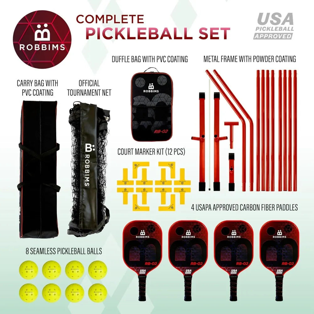 Portable Pickleball Set with Net  4 USAPA Approved Carbon Fiber Paddles, Duffle Bag, Regulation Size Pickleball Net System